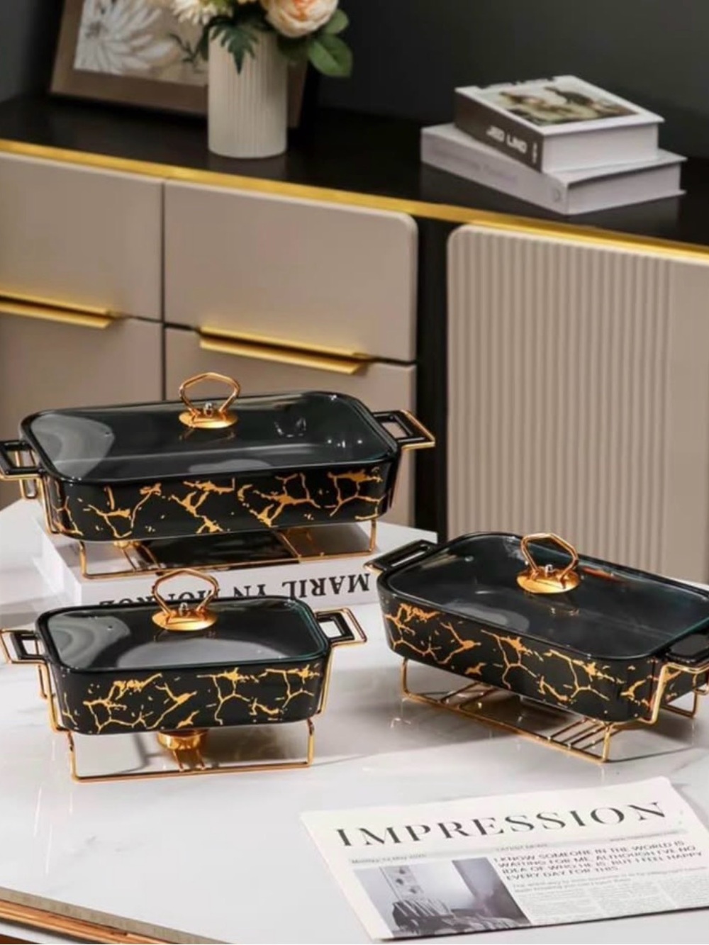 Black and Gold Marble Ceramic Bakeware Set - 3 Piece
